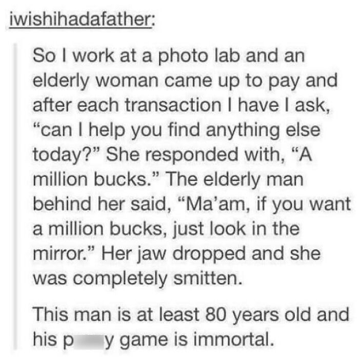 An elderly woman and man in a photo lab, a Mad Lad challenging expectations with a witty response.