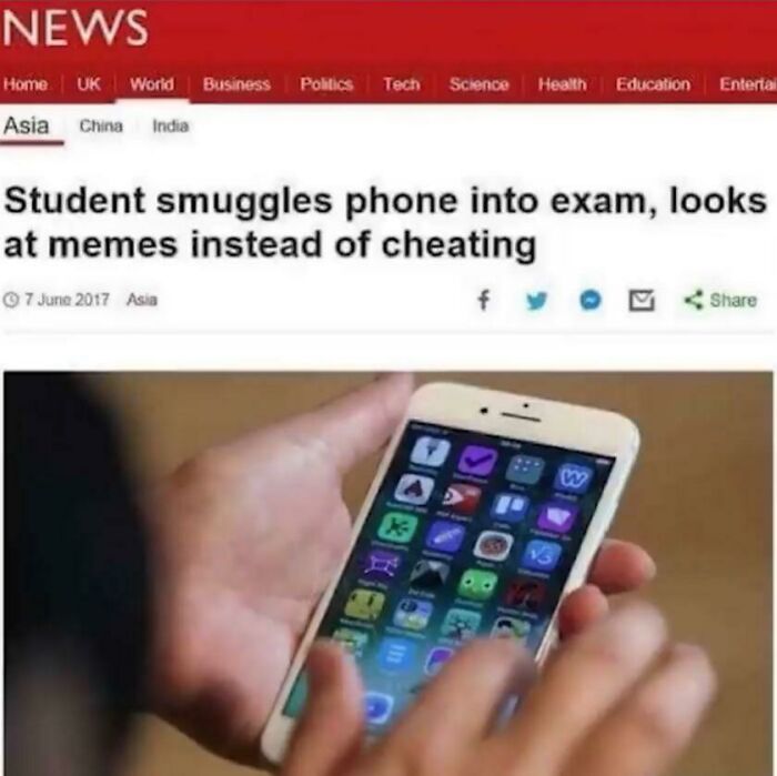 A Mad Lad student smuggles phone into an exam to look at memes instead of cheating, challenging rules.