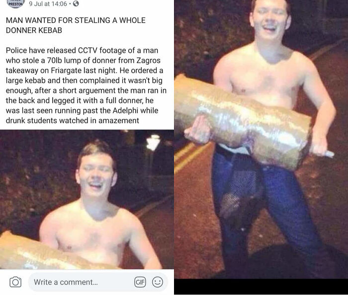 A shirtless Mad Lad happily carrying a large donner kebab, having taken a rule as a personal challenge by stealing it.