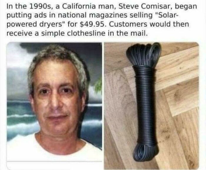 A split image shows a Mad Lad, Steve Comisar, and a coiled clothesline, illustrating his 'solar-powered dryer' scam.