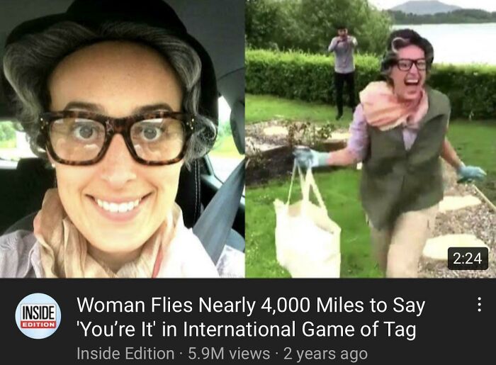 A woman, a mad lad, in glasses and a black hat smiles at the camera, next to a scene of her running.