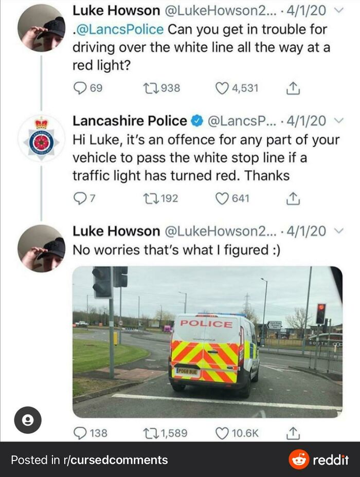 A tweet exchange with Lancashire Police and an image of a police van over a white line, a mad lad's challenge to rules.
