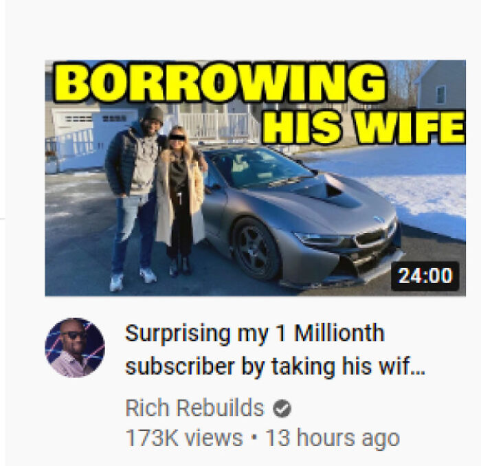 A mad lad YouTube thumbnail shows a man, his wife, and a BMW with the title Borrowing his wife.