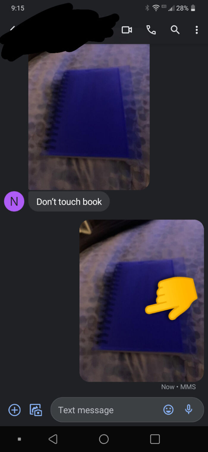 A mad lad text message exchange where the sender warns Don't touch book, followed by a reply with an emoji touching the book.