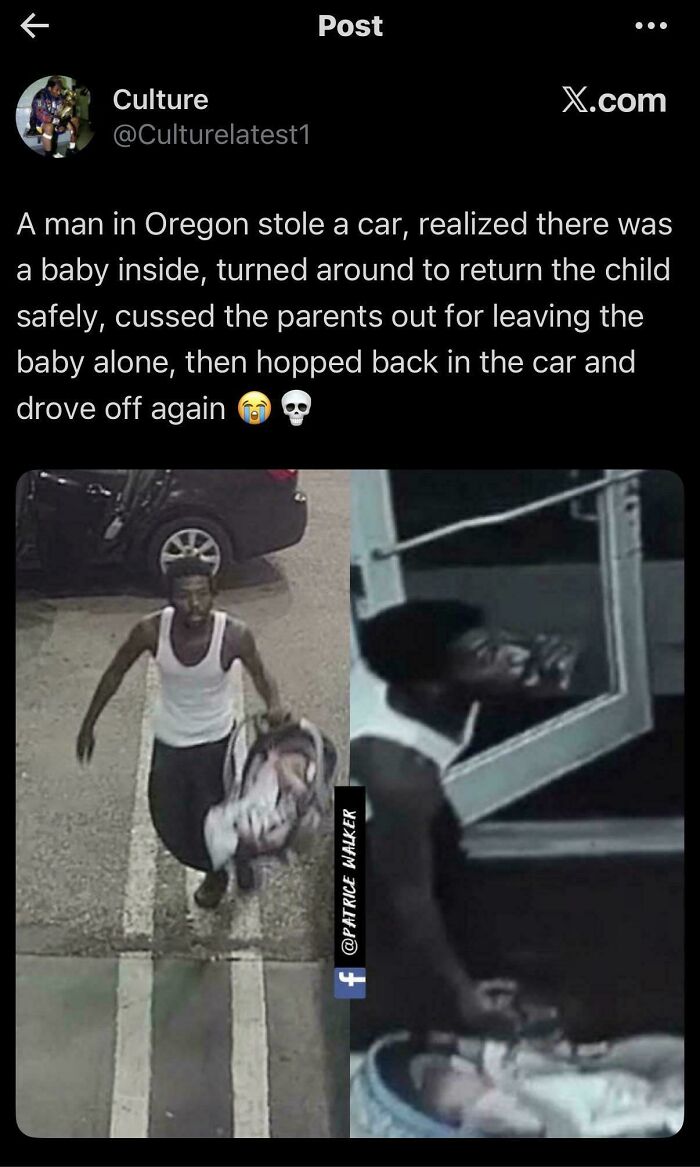 A split image of a man carrying a baby seat and then looking into a car, highlighting a mad lad's unexpected act.