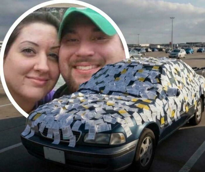 A car covered in tickets with a smiling couple in a circular overlay, showing mad lads' challenge.