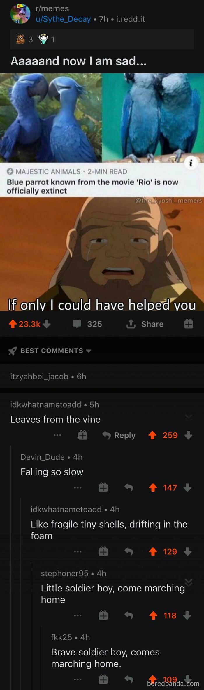 A compilation of Reddit comments, including a sad reaction to a blue parrot becoming extinct and lyrics from Leaves from the Vine, showcasing comments you can hear.
