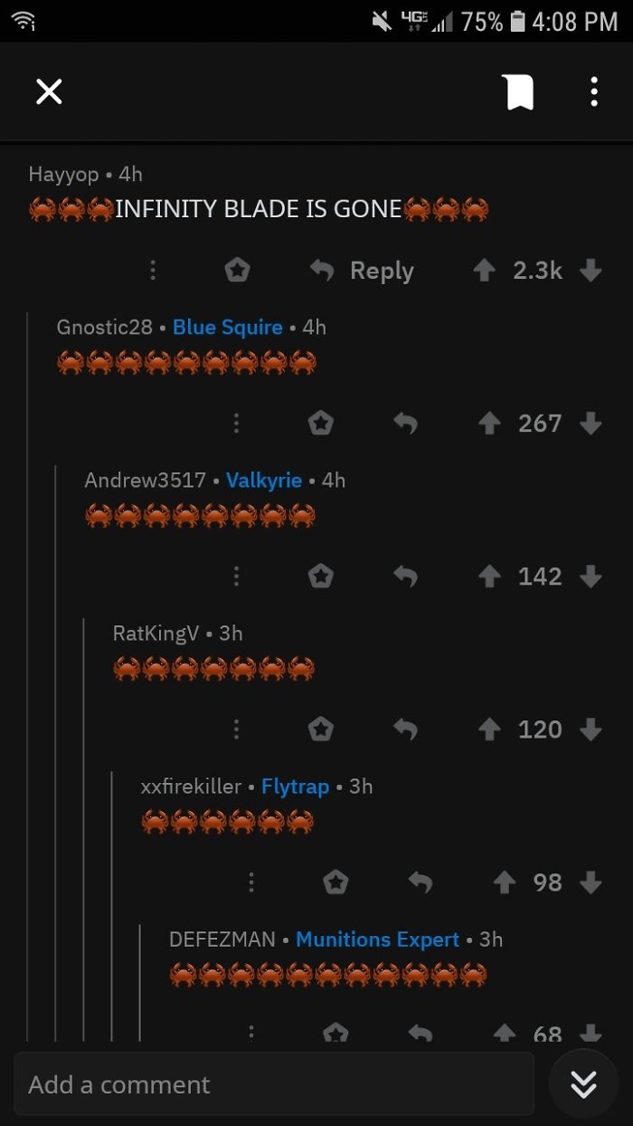 A screenshot showing several Reddit comments, each with a string of crab emojis, representing comments you can hear.