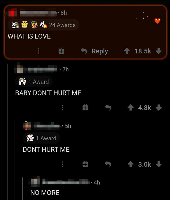 Screenshot of popular online comments you can hear, singing What is Love.