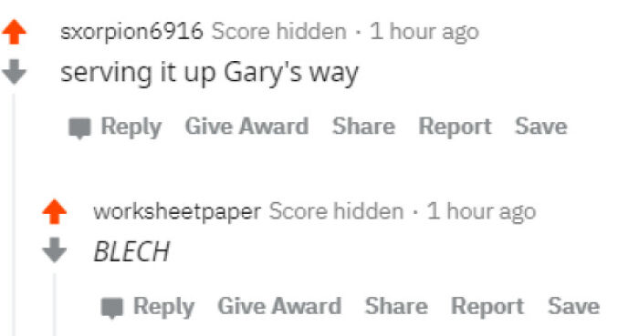 Screenshot of online comments you can hear, including serving it up Gary's way and BLECH.
