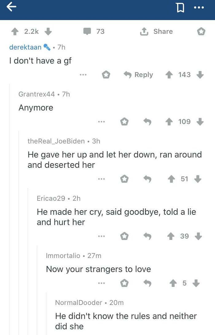 A screenshot of a comment section that practically reads itself out loud, with users completing the lyrics to a song starting with I don't have a gf and continuing with He gave her up and let her down.