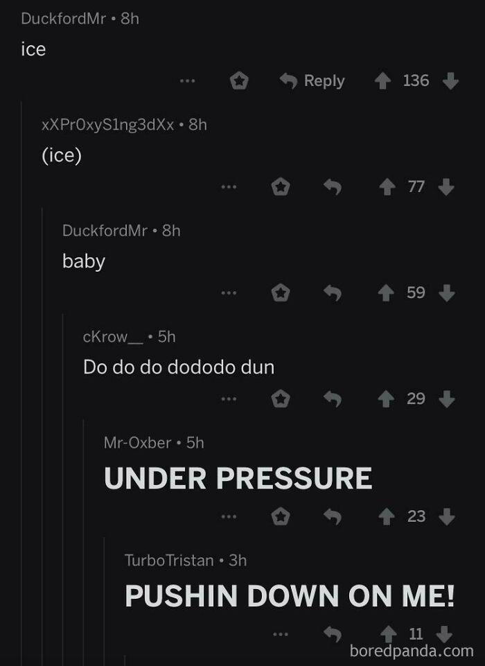 A screenshot of a comment section that practically reads itself out loud, showing multiple users completing the lyrics to Ice Ice Baby and Under Pressure.