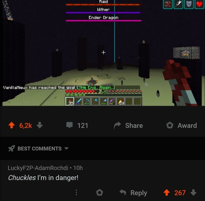 A Minecraft screenshot showing a player in the End, battling a Wither and Ender Dragon, with comments you can hear.