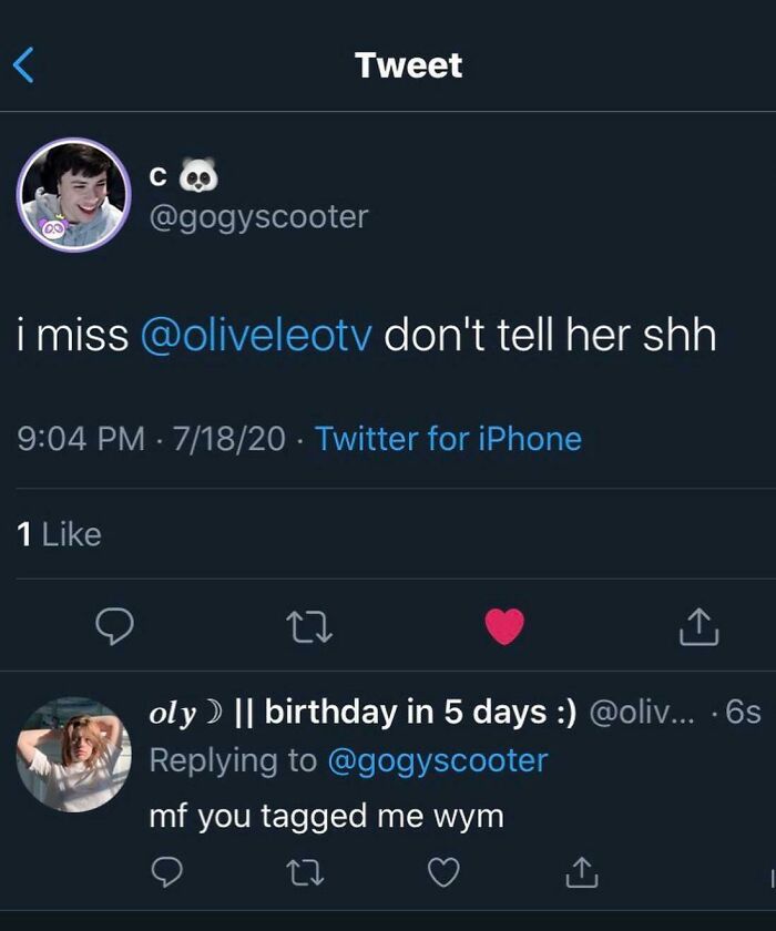 A Twitter conversation where a user mentions missing someone, receiving a reply, illustrating comments you can hear.