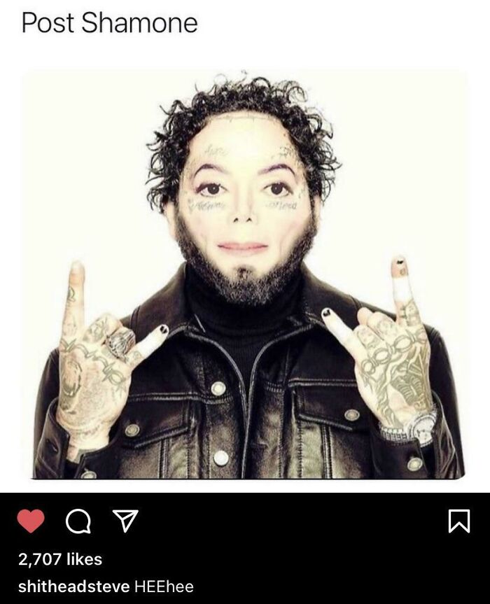 A meme combining Post Malone and Michael Jackson with the caption Post Shamone, a comment you can hear saying HEEhee.