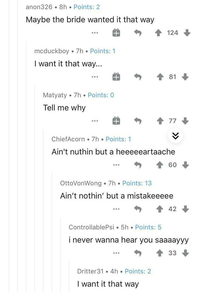 A screenshot of Reddit comments, showing a thread of funny comments you can hear, referencing a song.