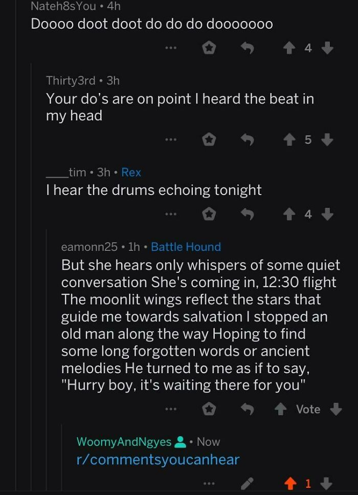 A screenshot of Reddit comments you can hear, with a user saying Doooo doot doot do do dooooooo.