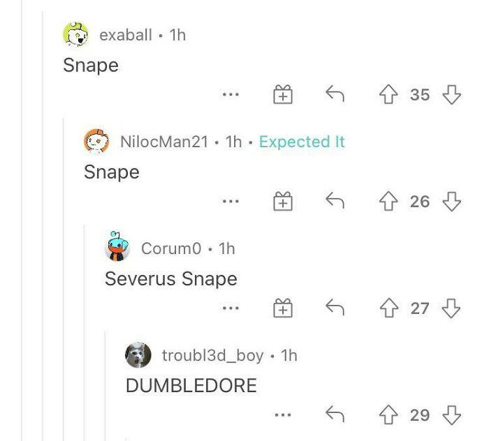 A screenshot with comments you can hear, featuring multiple users typing Snape and DUMBLEDORE.