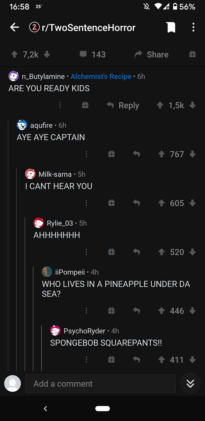 A screenshot showing comments you can hear from a Spongebob Squarepants discussion thread, featuring the iconic song lyrics.