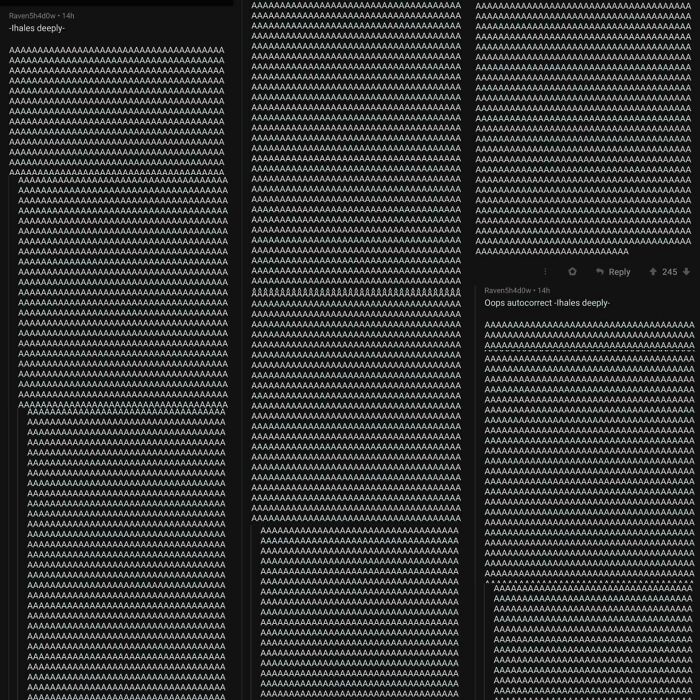 A screenshot of a Reddit thread filled with an overwhelming number of A's, demonstrating comments you can hear through visual repetition.