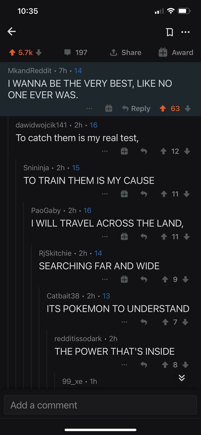 A Reddit thread where users are collectively singing the Pokemon theme song lyrics, creating comments you can hear.