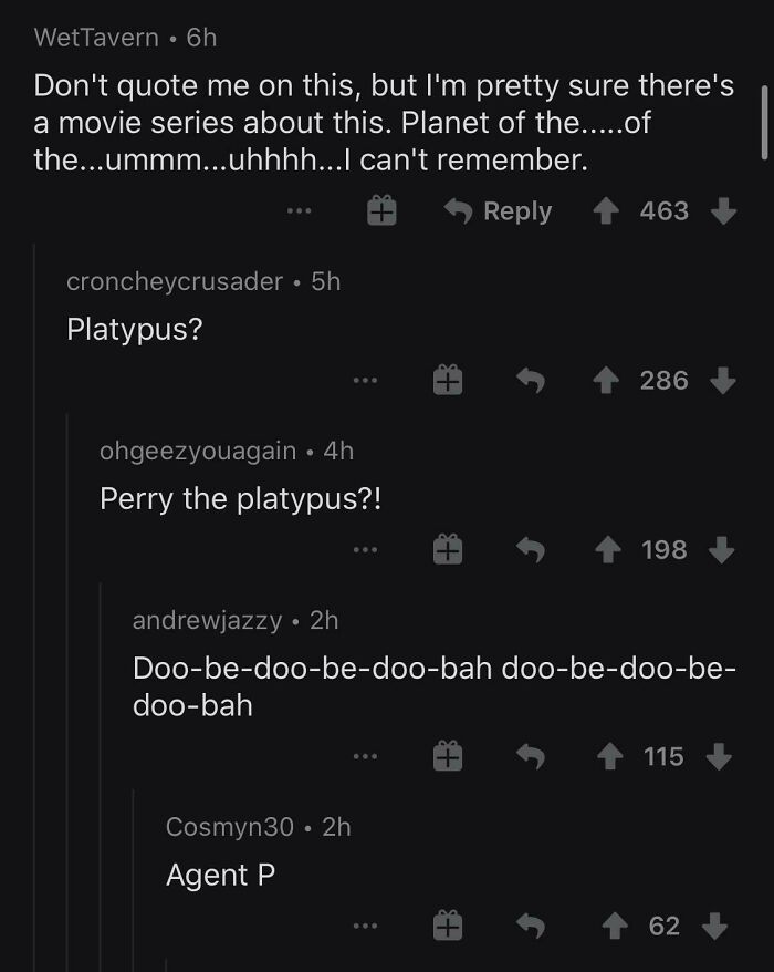 A Reddit conversation about Perry the Platypus, with users humming his theme, exemplifying comments you can hear.