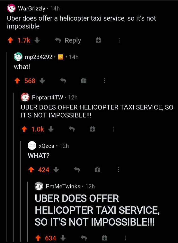 A Reddit thread showcasing multiple users repeating Uber's helicopter taxi service, creating comments you can hear.