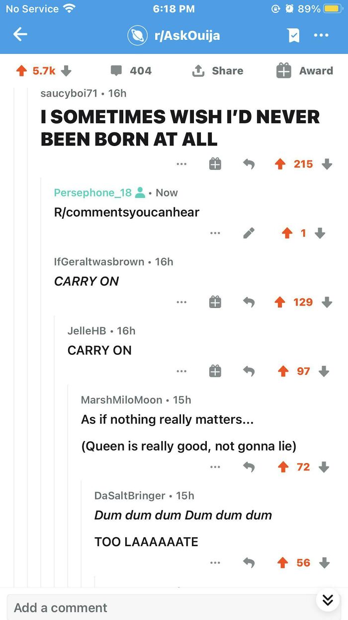 A screenshot of a Reddit thread where users are completing lyrics to a song, creating comments you can hear.