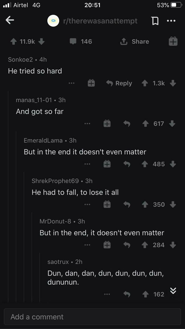 A screenshot of a Reddit thread, with comments you can hear forming the lyrics to Linkin Park's In the End.