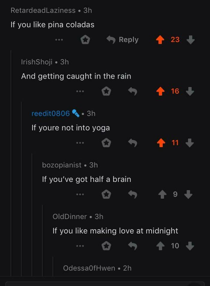 A screenshot of a Reddit thread, displaying comments you can hear that are lyrics to a song.