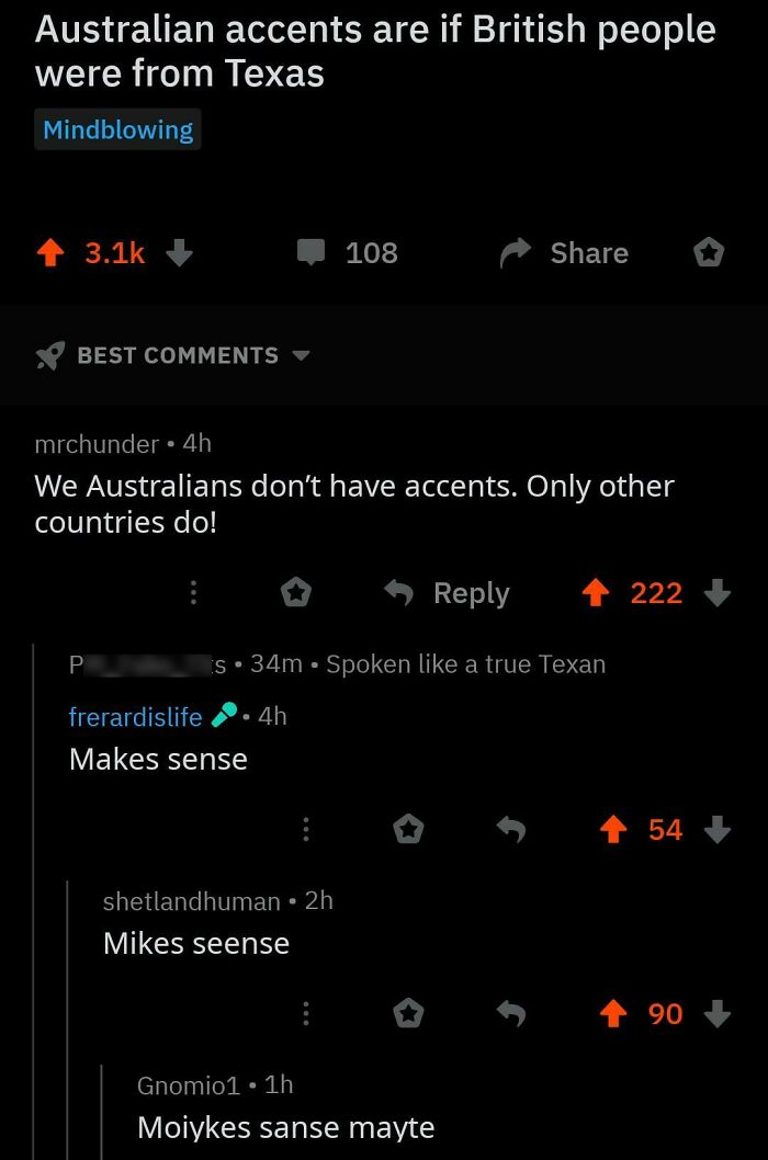 A screenshot of a Reddit thread, featuring humorous comments you can hear about Australian accents.