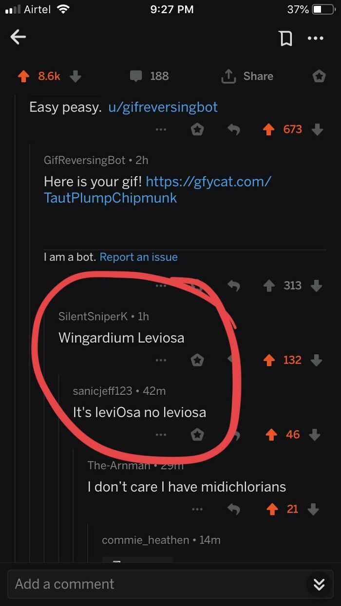 A screenshot of a Reddit thread, showing a user correcting another user's Wingardium Leviosa comment you can hear.