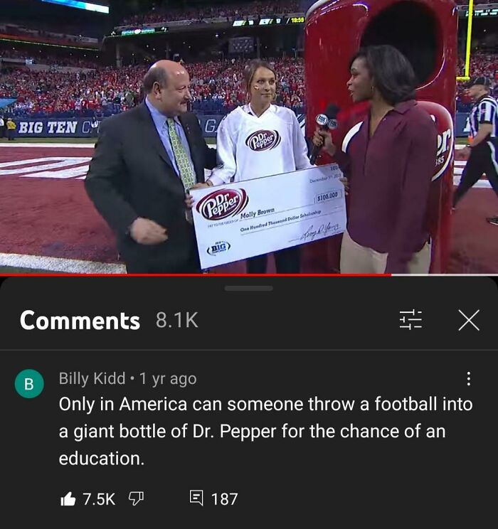 A screenshot showing Dr. Pepper's sponsorship for a college football game with comments you can hear.