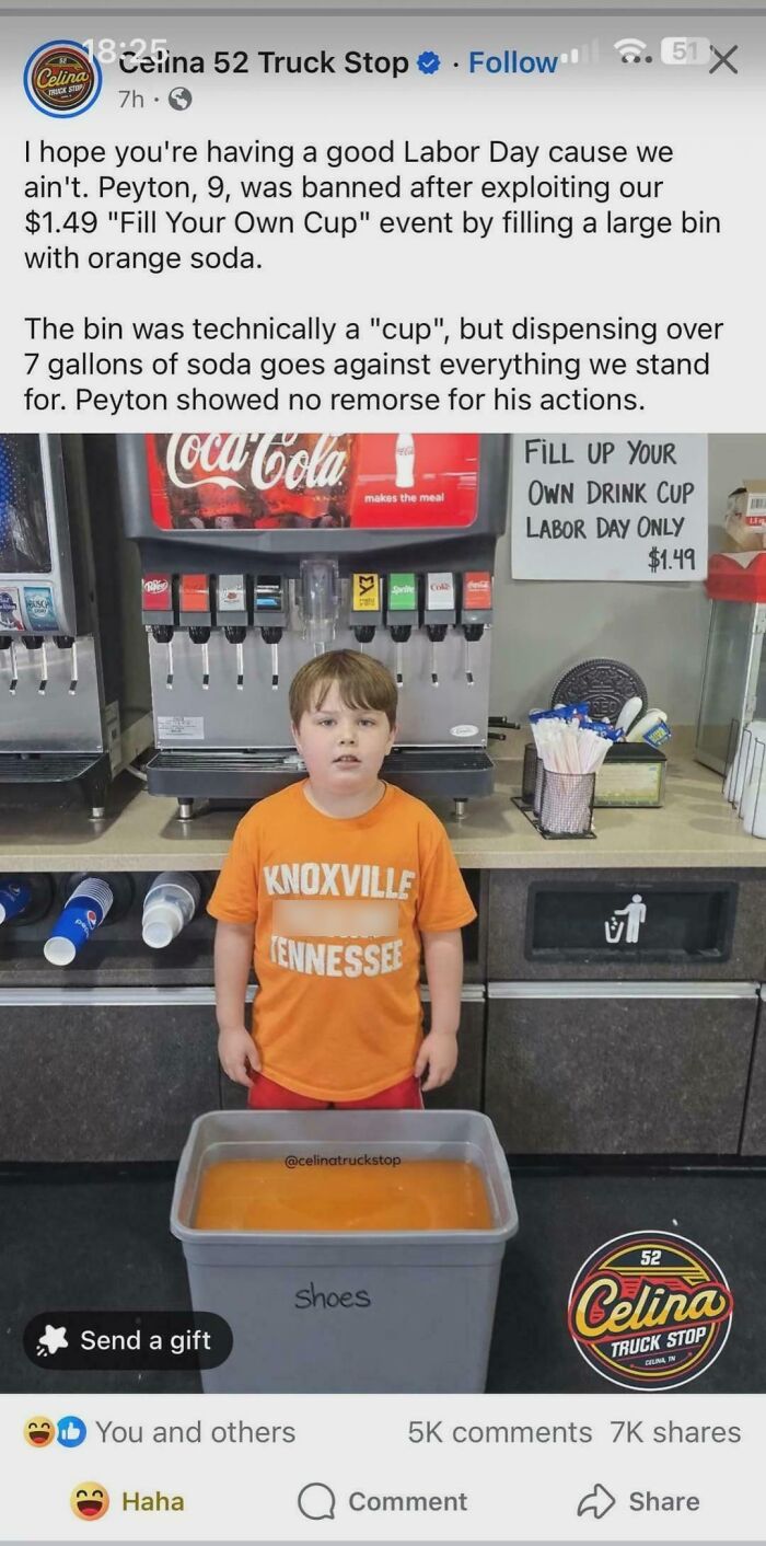 A Mad Lad boy with a large bin of orange soda from a 'Fill Your Own Cup' event, a personal challenge.