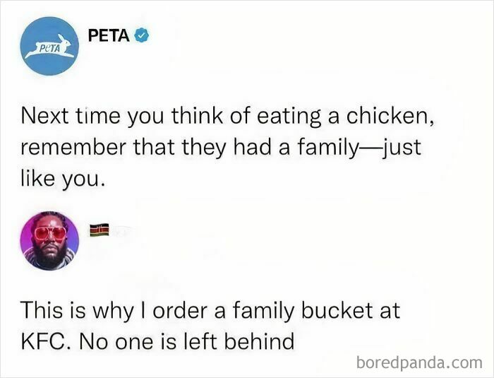 A funny tweet from PETA and a reply about ordering a family bucket at KFC, illustrating a Mad Lad.