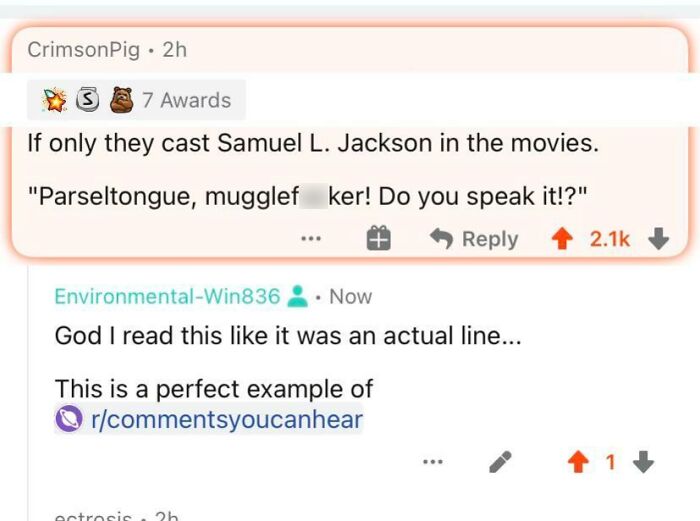 A Reddit screenshot showing a humorous quote from Samuel L. Jackson, an example of comments you can hear.