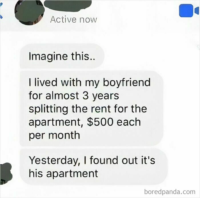 A text message about a girlfriend discovering her boyfriend owns the apartment she's been paying rent for, a mad lad reveal.