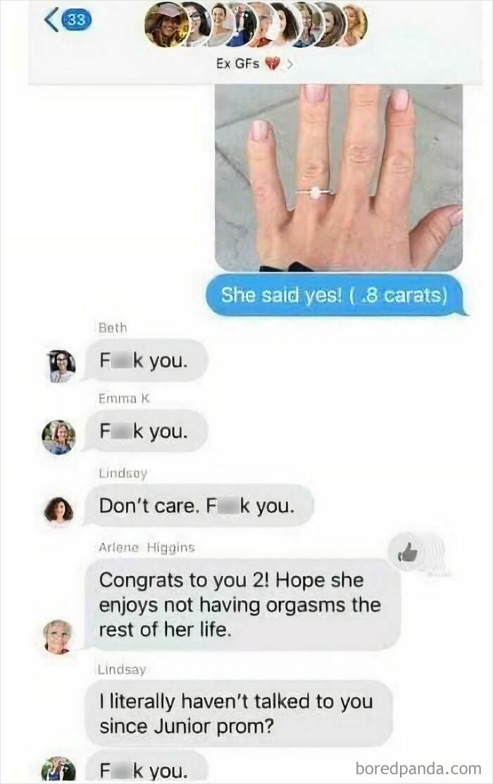 A text message thread showing a man telling his ex-girlfriends he is engaged, and their angry responses, a Mad Lad at his finest.