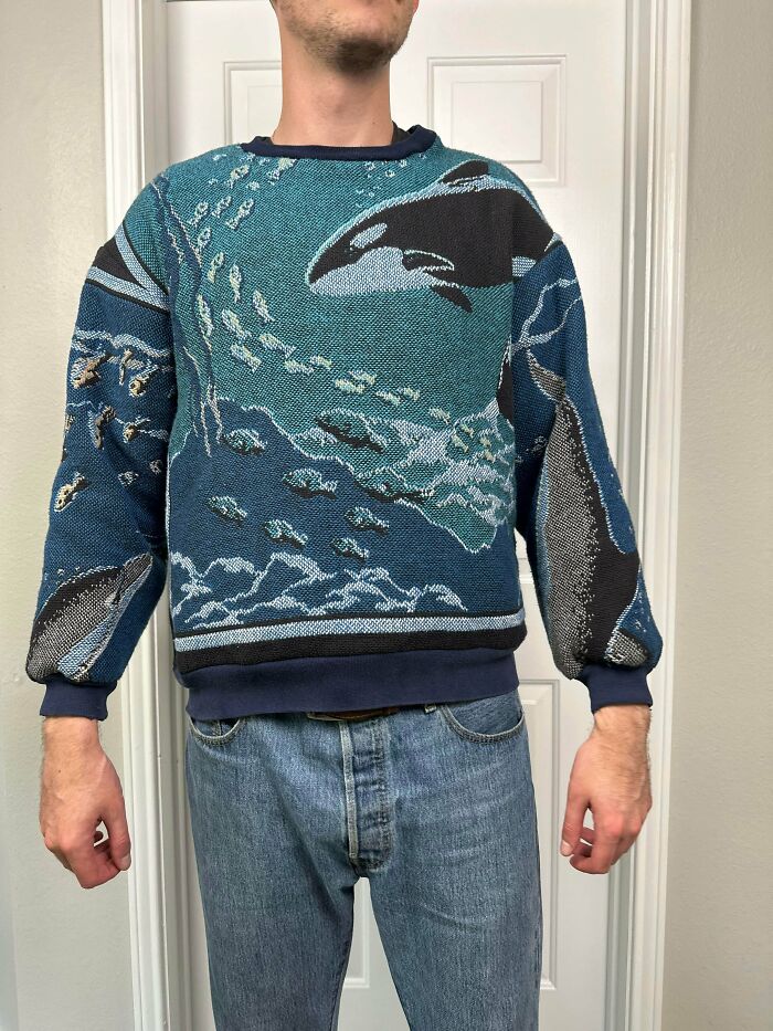 A person wearing a handmade sweater featuring an ocean scene with whales and fish, demonstrating creative talent.