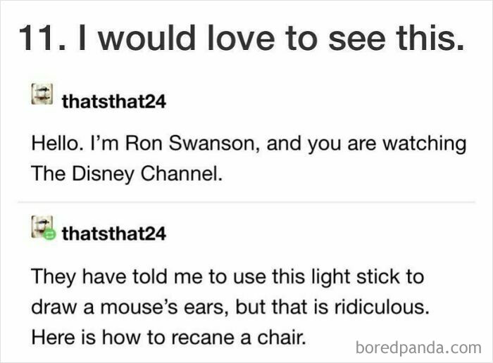 A screenshot of Tumblr comments you can hear featuring Ron Swanson introducing The Disney Channel.
