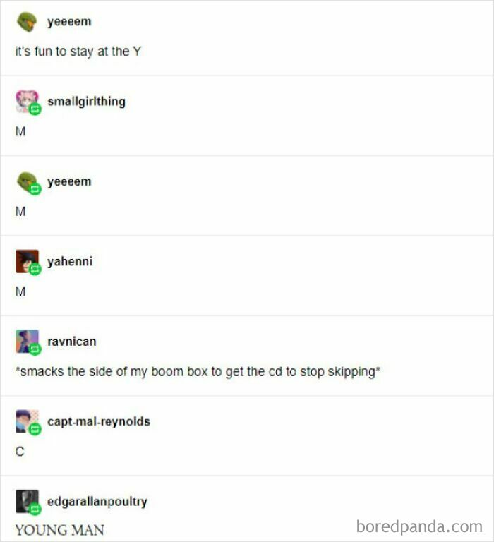 A screenshot of various internet comments you can hear, like Y.M.C.A. and others.