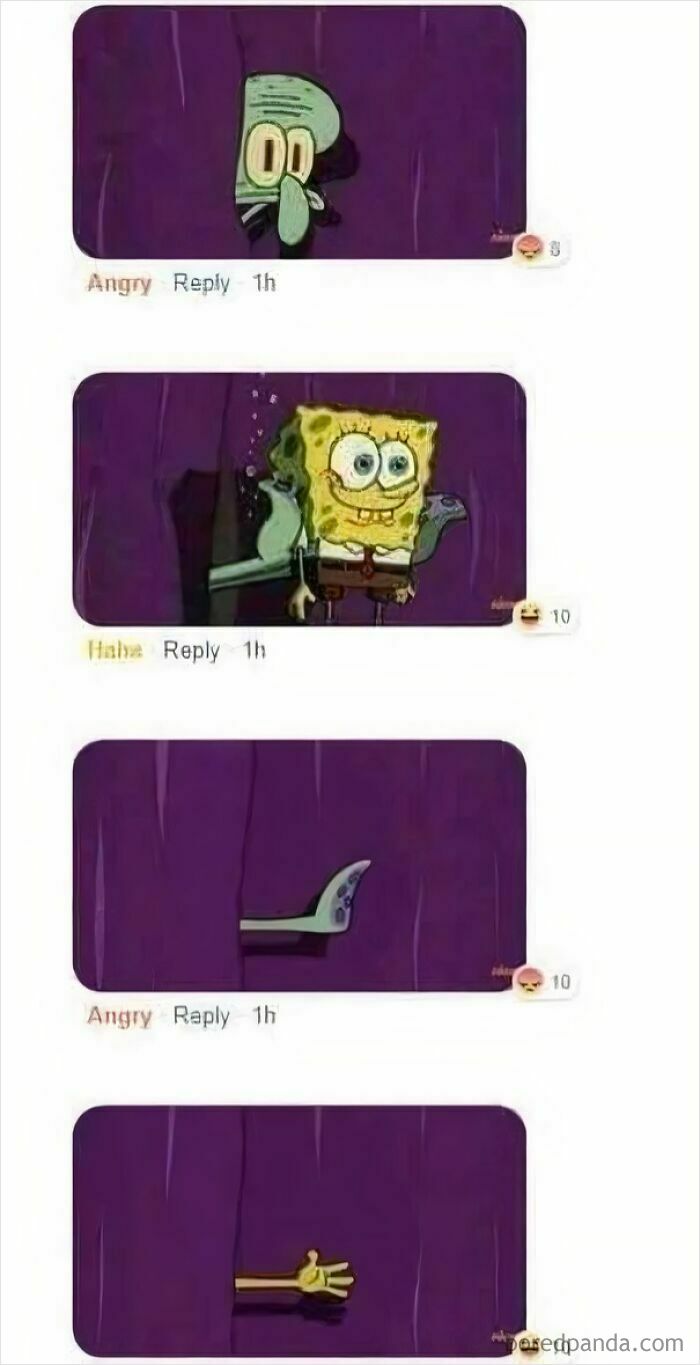 A sequence of images depicting SpongeBob and Squidward peeking from behind a curtain, representing comments you can hear.