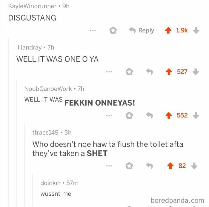 A series of comments you can hear, including the phrase DISGUSTANG, from a social media post.