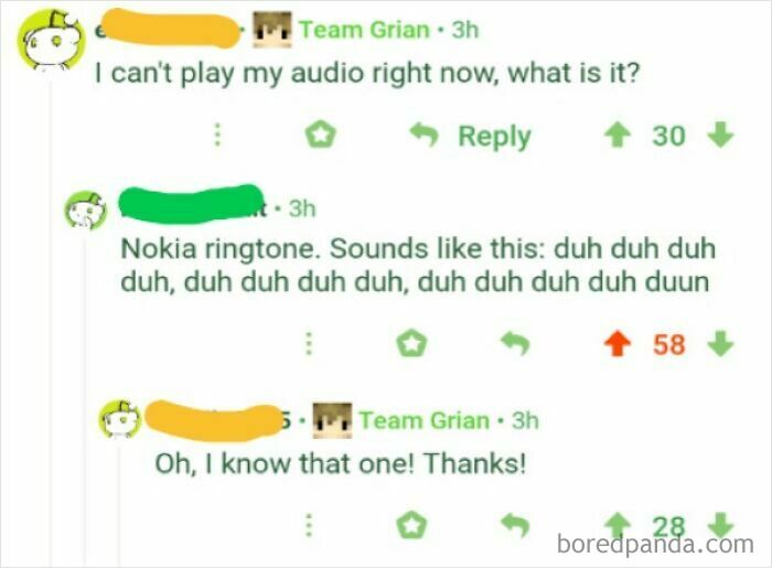 A screenshot of a Reddit thread discussing a Nokia ringtone, a comment you can hear.