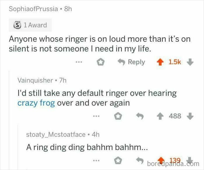 A Reddit thread discussing loud phone ringers and the Crazy Frog song, featuring comments you can hear.