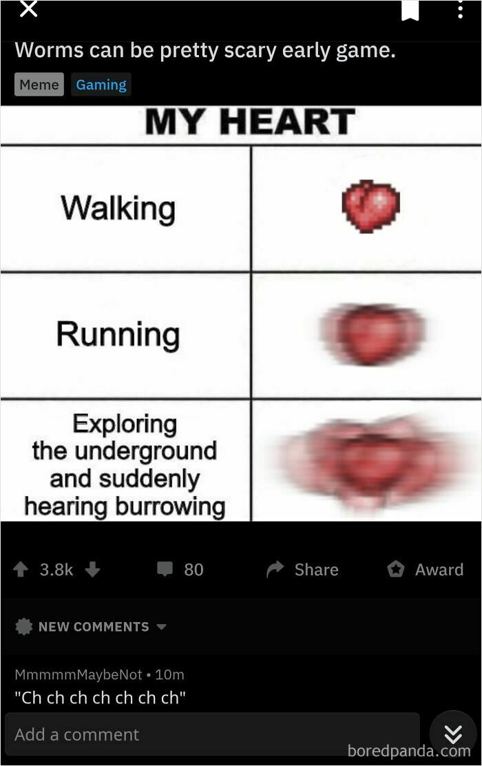 A meme demonstrating comments you can hear, with a heart rate increasing from walking to encountering worms while exploring.