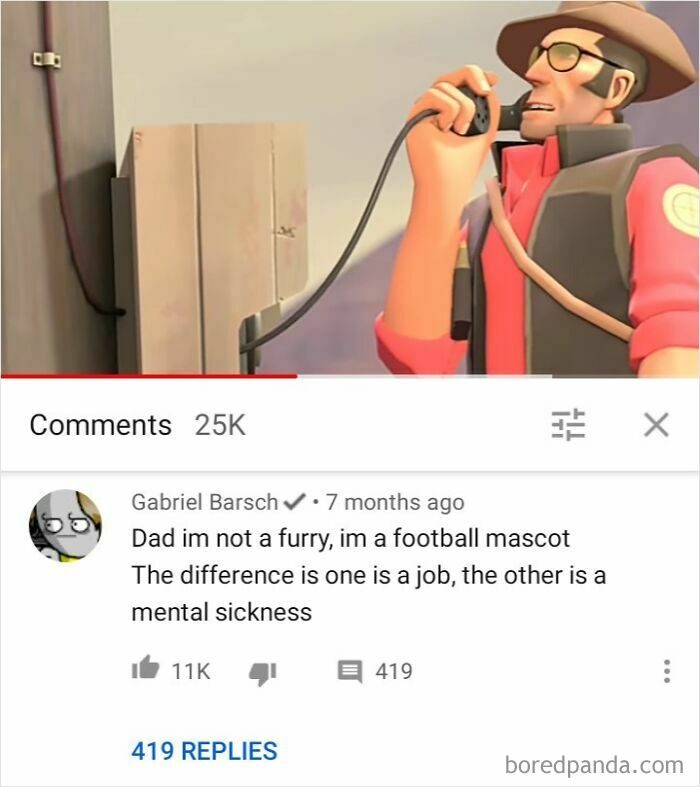 A YouTube video screenshot of a Team Fortress 2 character singing into a microphone, with a funny comment about football mascots below, representing comments you can hear.