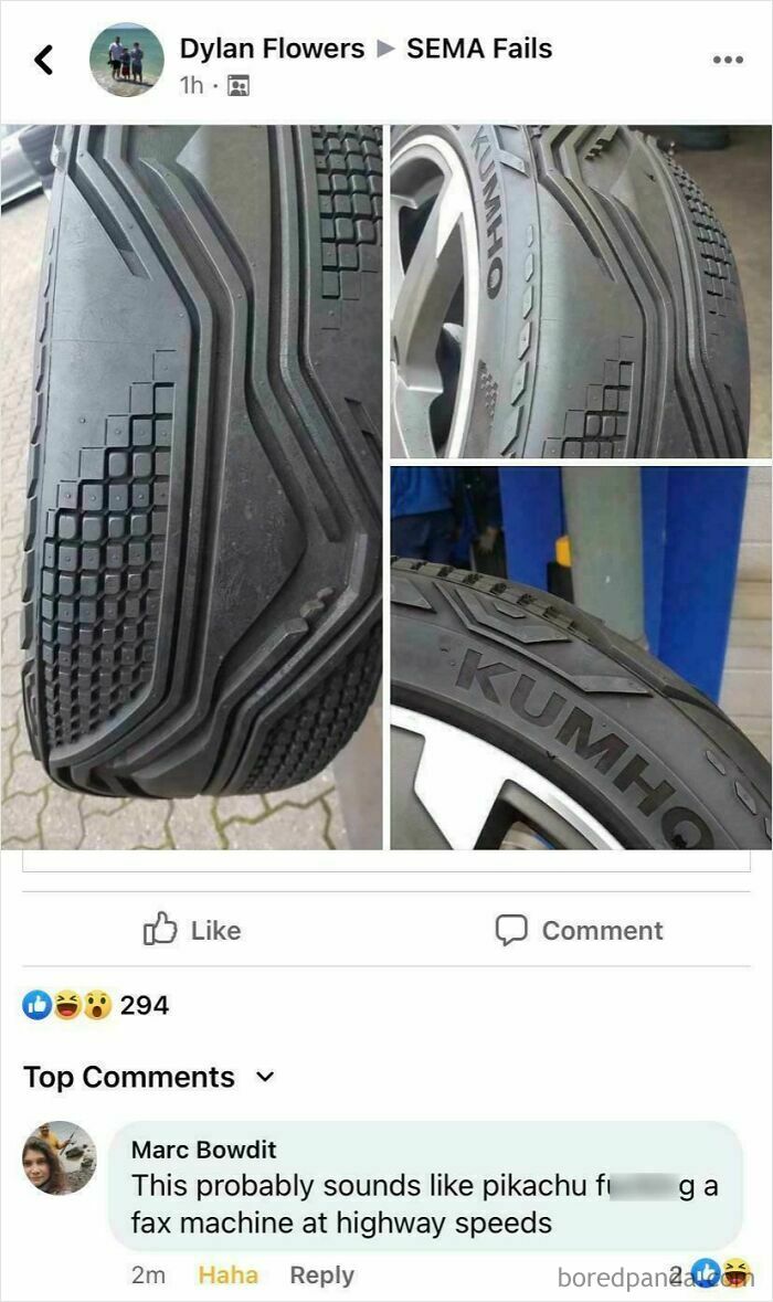 Close-up shots of tires with unusual tread patterns on Facebook, generating comments you can hear.