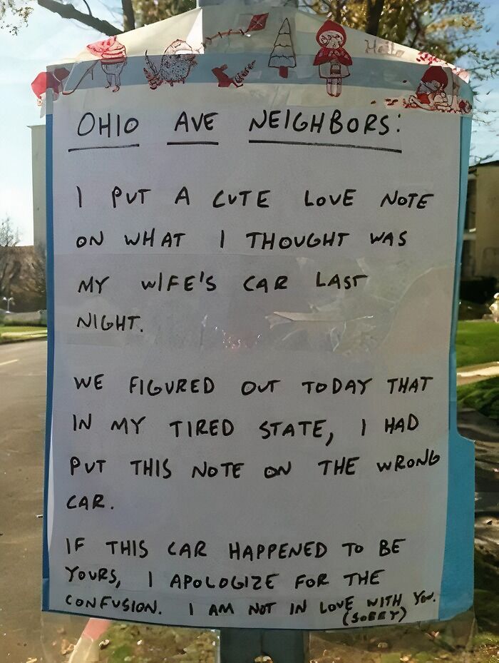 Funny neighbors notes: A note from Ohio Ave neighbors apologizing for a love note mistakenly placed on the wrong car.