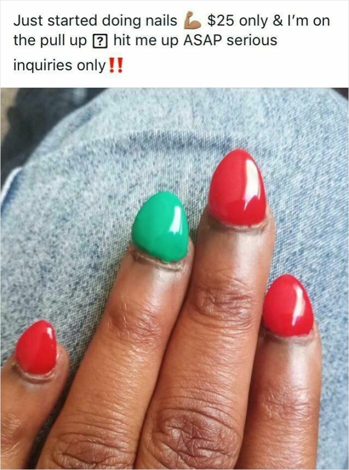 A hand with poorly applied red and green nail polish, with polish on the cuticles, indicating a bad beauty salon experience.